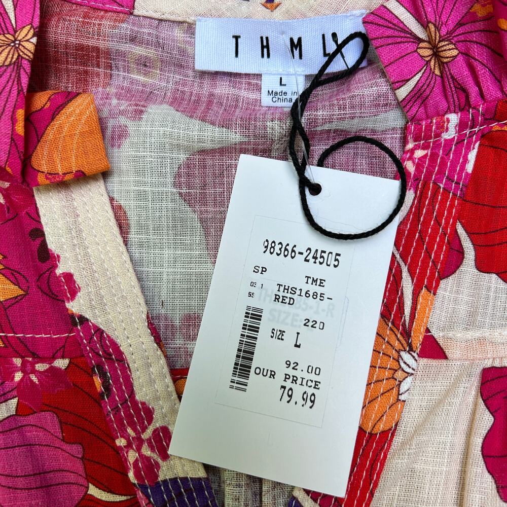 THML Pink Purple Orange Flower Short Sleeve Tunic Blouse Collar Linen Blend Lrg - Picture 3 of 8